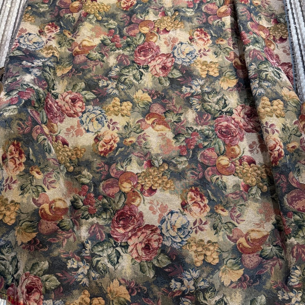 Vintage Floral Tapestry Fabric Woven Roses Fruit Burgundy Sage Table Cloth Liner